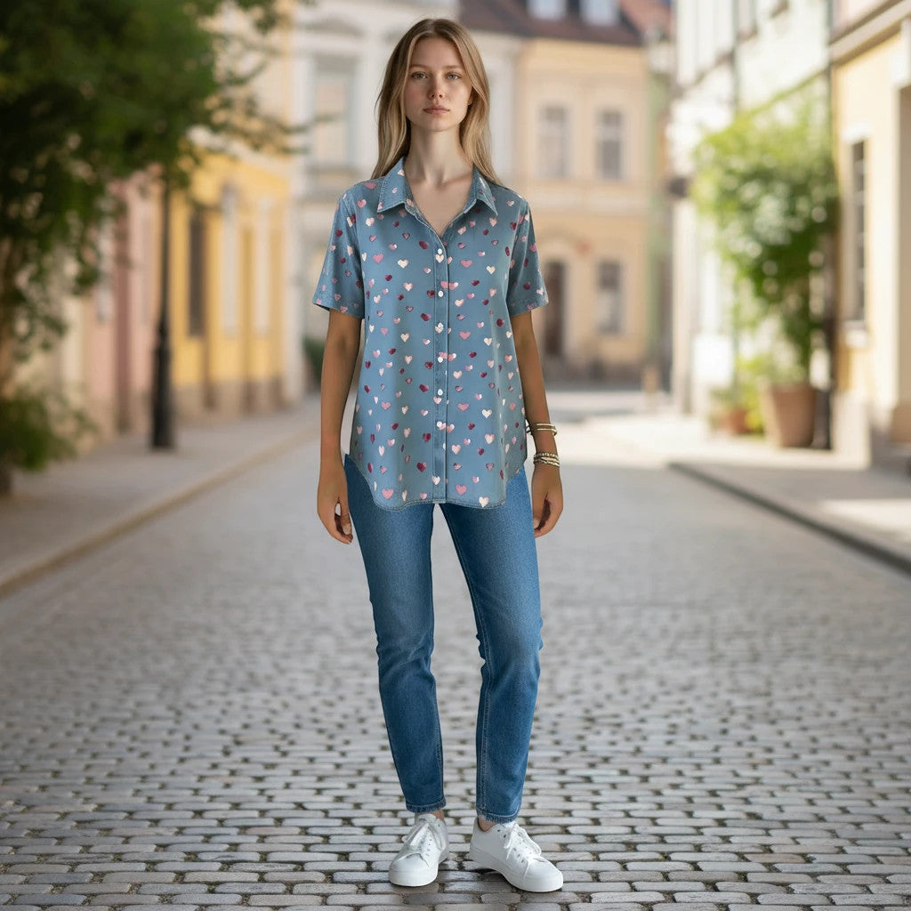 ZOFIA ATELIER MAJA blue polyester short-sleeved top with scattered pink and red heart prints.