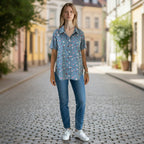 ZOFIA ATELIER MAJA blue polyester short-sleeved top with scattered pink and red heart prints.
