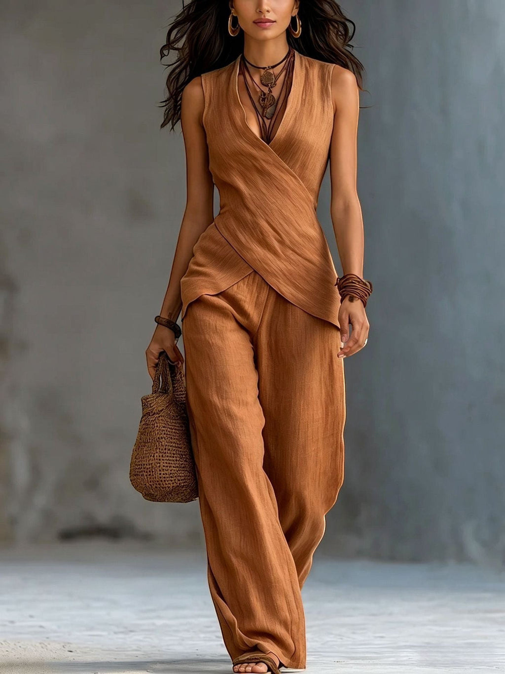ZOFIA ATELIER MAJA V-neck casual set in rust orange polyester with wide-leg pants and a draped wrap top.