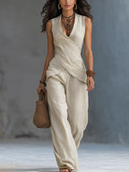 ZOFIA ATELIER MAJA V-neck linen-blend casual set in beige, featuring a wrap-style top and wide-leg pants.
