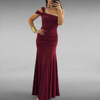 ZOFIA ATELIER MAJA vintage A-line maxi dress in wine red polyester with a high waist and flattering fit.