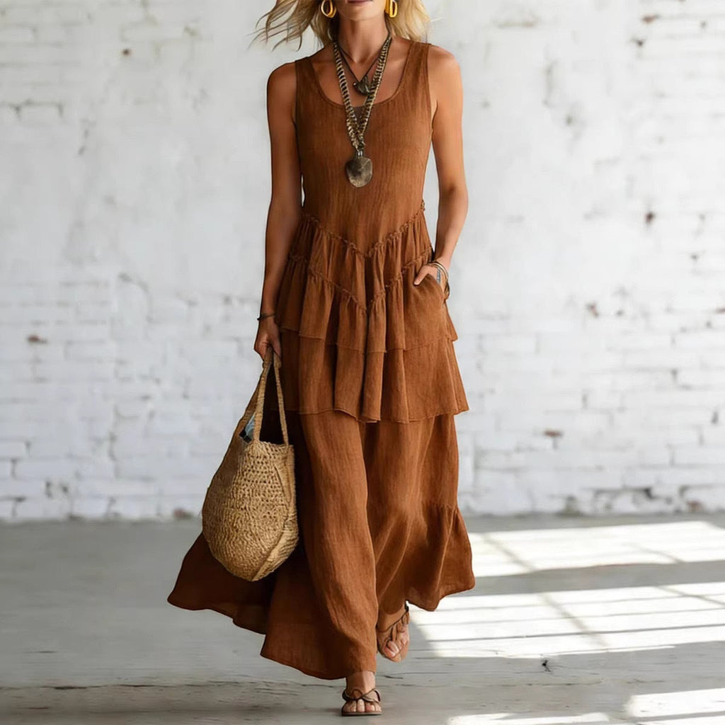 ZOFIA ATELIER MARIANA flowing brown linen sleeveless long tiered ruffle dress with pockets.