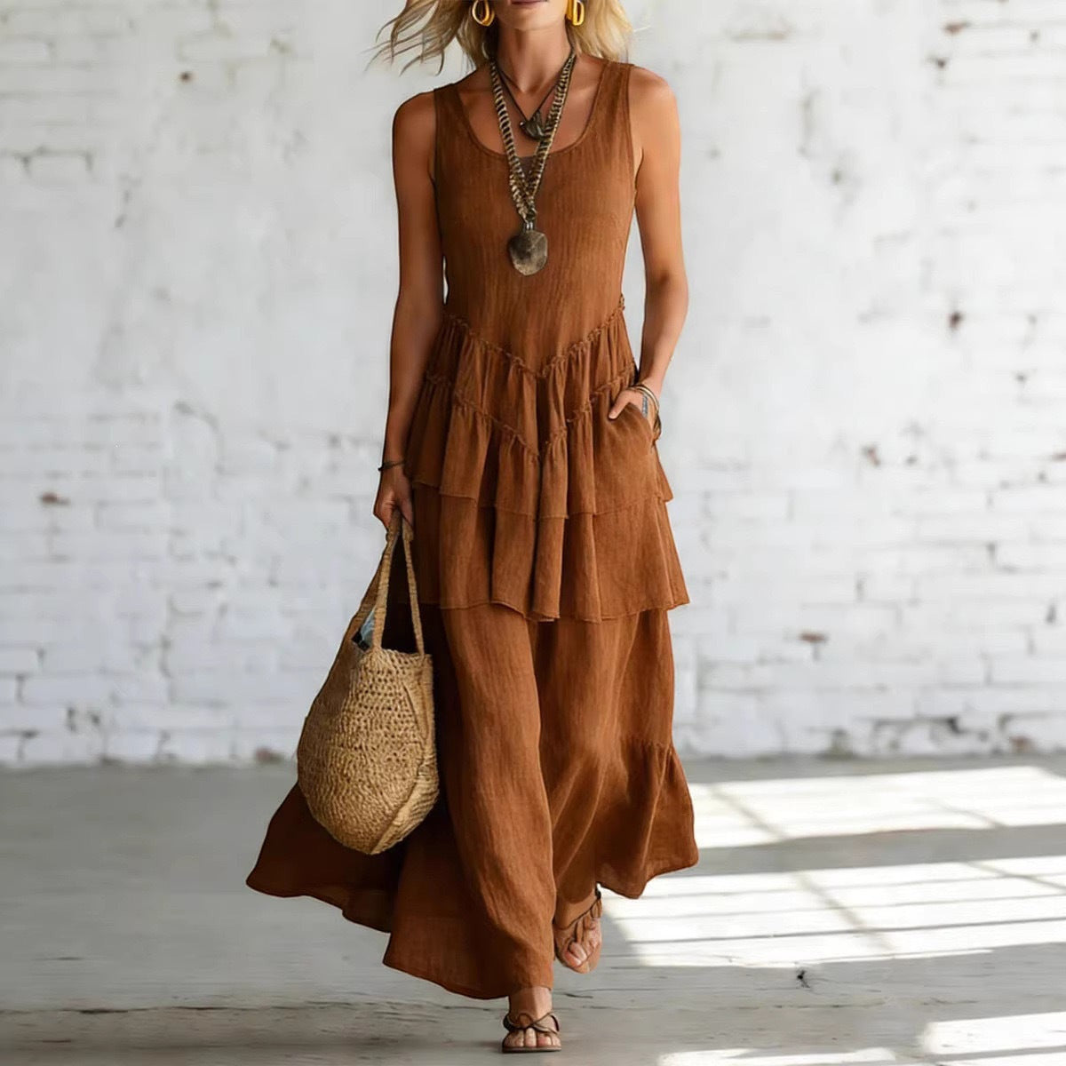 ZOFIA ATELIER MARIANA flowing brown linen sleeveless long tiered ruffle dress with pockets.