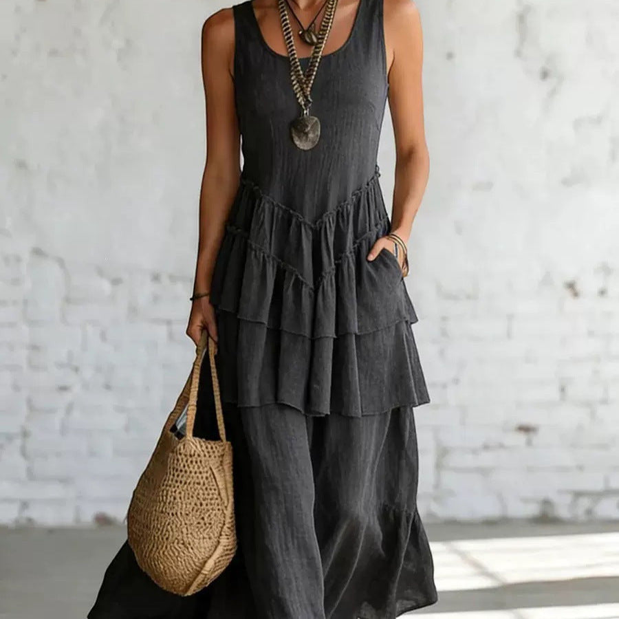 ZOFIA ATELIER MARIANA flowing dark grey linen sleeveless tiered maxi dress with pockets.