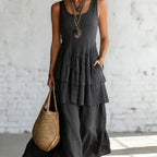 ZOFIA ATELIER MARIANA flowing dark grey linen sleeveless tiered maxi dress with pockets.