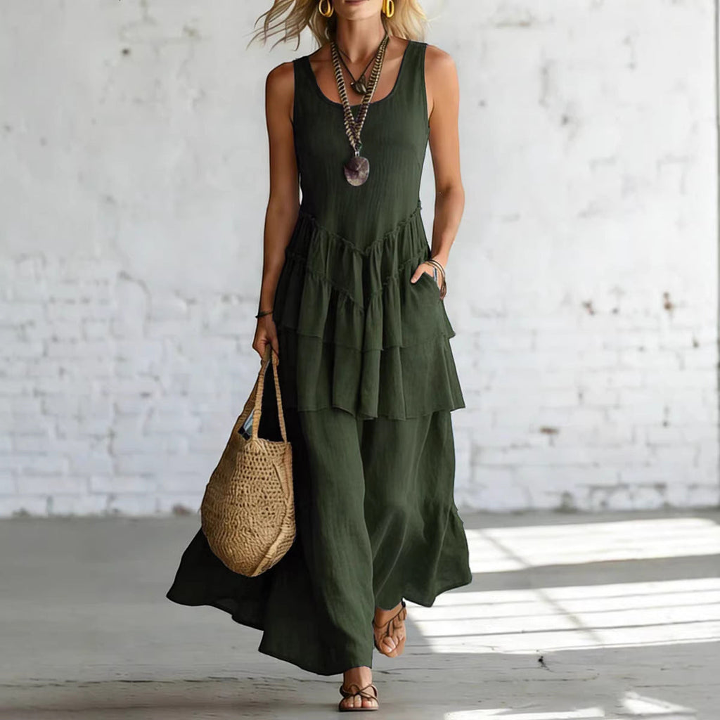 ZOFIA ATELIER MARIANA flowing sleeveless olive green linen tiered maxi dress with pockets.
