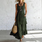 ZOFIA ATELIER MARIANA flowing sleeveless olive green linen tiered maxi dress with pockets.