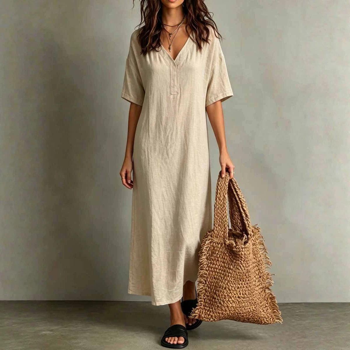 ZOFIA ATELIER Maribel beige cotton v-neck short sleeve midi dress with relaxed fit and wider hem.