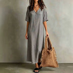 ZOFIA ATELIER Maribel grey cotton loose-fit midi dress with short sleeves and V-neck