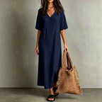 ZOFIA ATELIER Maribel navy blue cotton V-neck short sleeve midi dress with relaxed fit and wider hem.