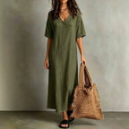 ZOFIA ATELIER Maribel olive green cotton midi dress with short sleeves and V-neck, relaxed fit.