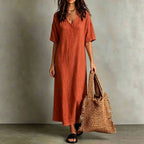 ZOFIA ATELIER Maribel orange cotton midi dress with short sleeves and V-neck, relaxed fit, wider hem.