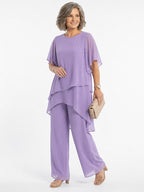 ZOFIA ATELIER MARINA chiffon suit set in lavender with quarter sleeves and wide-leg trousers.