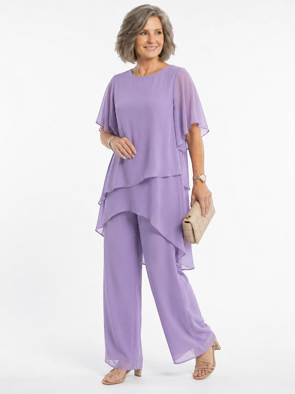 ZOFIA ATELIER MARINA chiffon suit set in lavender with quarter sleeves and wide-leg trousers.