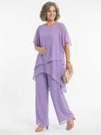 ZOFIA ATELIER MARINA chiffon suit set in lavender with quarter sleeves and wide-leg trousers.