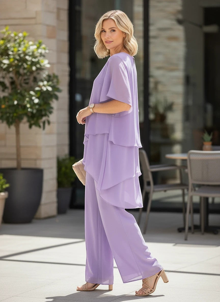 ZOFIA ATELIER MARINA chiffon suit set in lavender with quarter sleeves and wide-leg trousers.