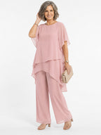 ZOFIA ATELIER MARINA chiffon suit set in rose red with quarter sleeves and wide-leg trousers.