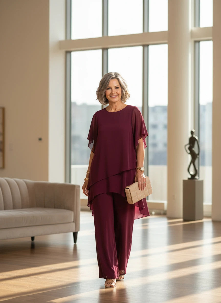 ZOFIA ATELIER MARINA chiffon suit set in rose red with quarter sleeves and wide-leg trousers.