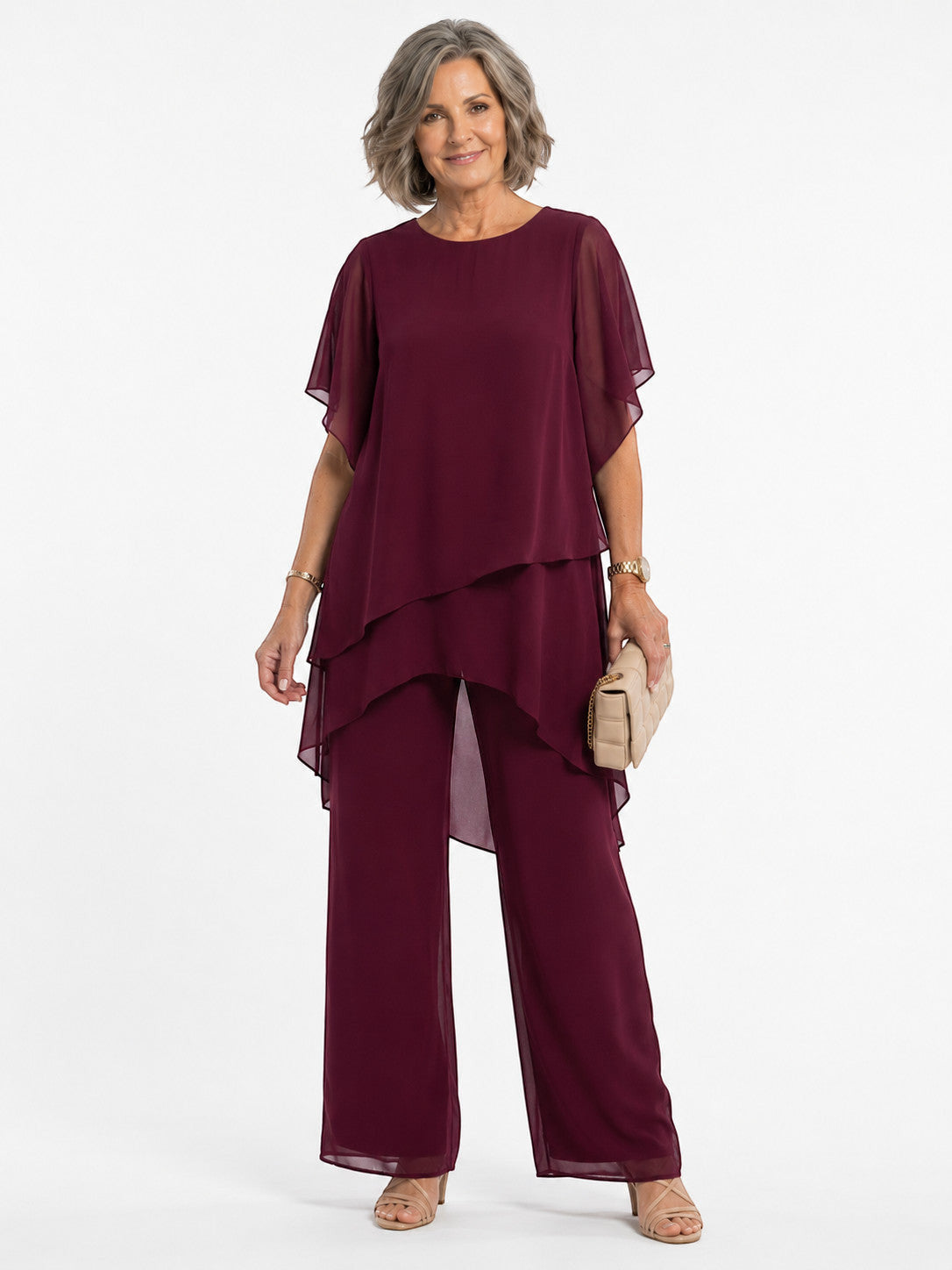 ZOFIA ATELIER MARINA chiffon suit set in burgundy with quarter sleeves and wide-leg trousers.