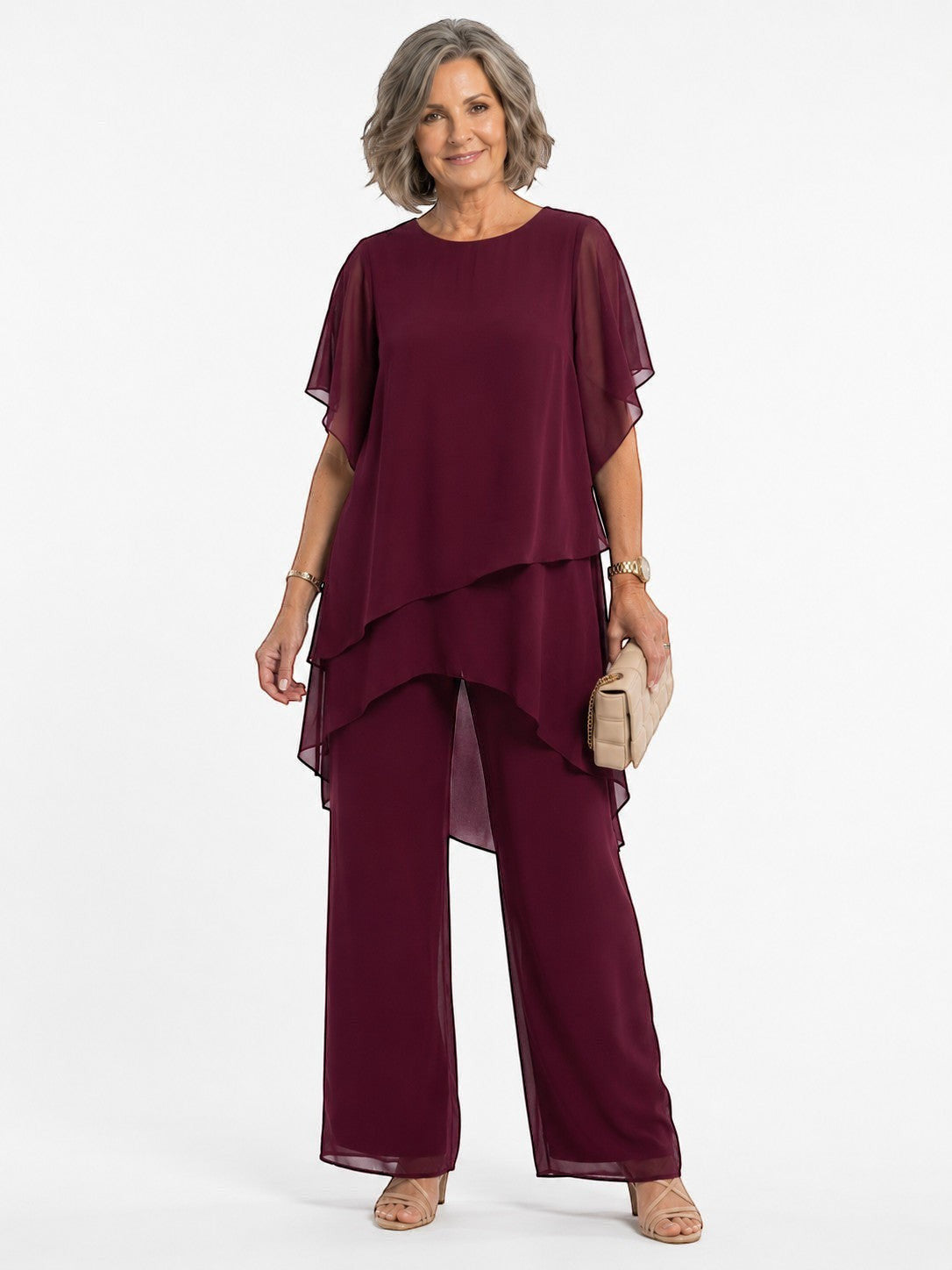 ZOFIA ATELIER MARINA chiffon suit set in burgundy with quarter sleeves and wide-leg trousers.