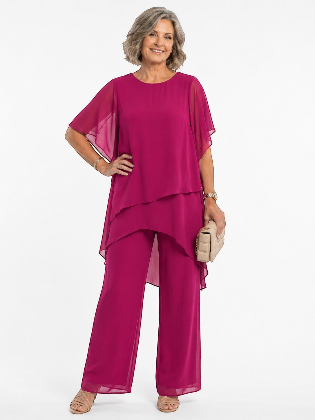 ZOFIA ATELIER MARINA chiffon suit set in rose red with quarter sleeves and wide-leg trousers.