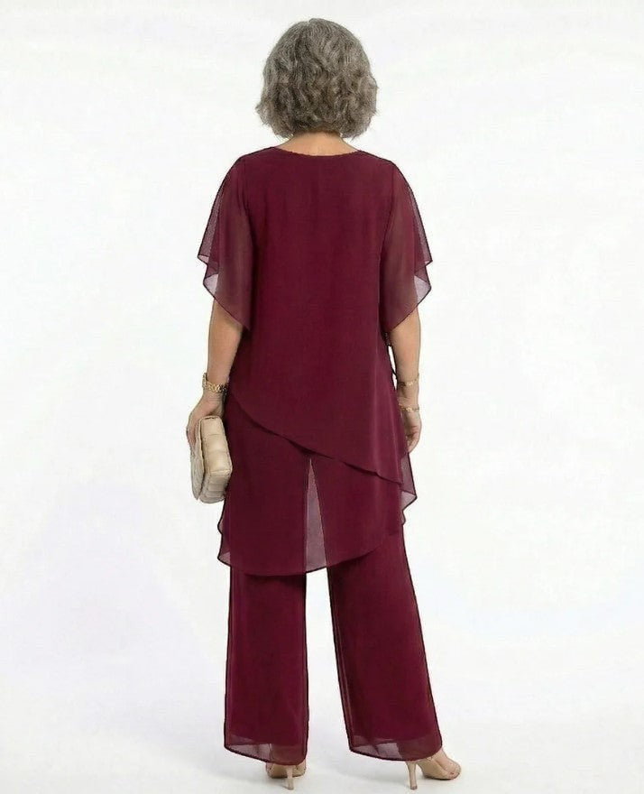 ZOFIA ATELIER MARINA chiffon suit set in rose red with quarter sleeves and wide-leg trousers.