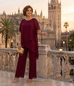ZOFIA ATELIER MARINA chiffon suit set in rose red with quarter sleeves and wide-leg trousers.