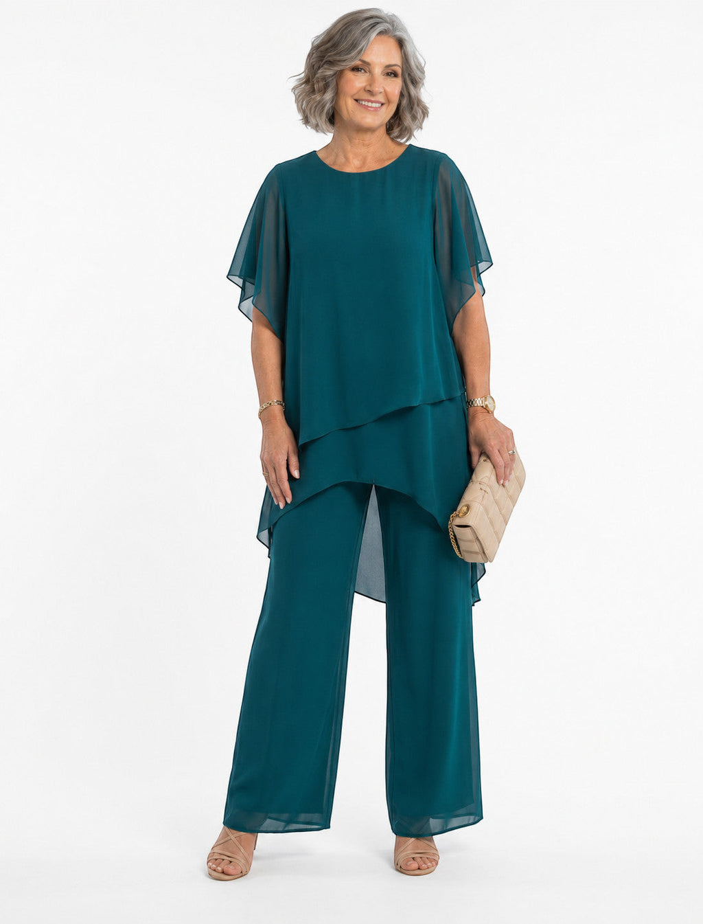 ZOFIA ATELIER MARINA chiffon suit set in teal with quarter sleeves and wide-leg trousers.