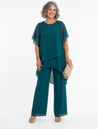 ZOFIA ATELIER MARINA chiffon suit set in teal with quarter sleeves and wide-leg trousers.