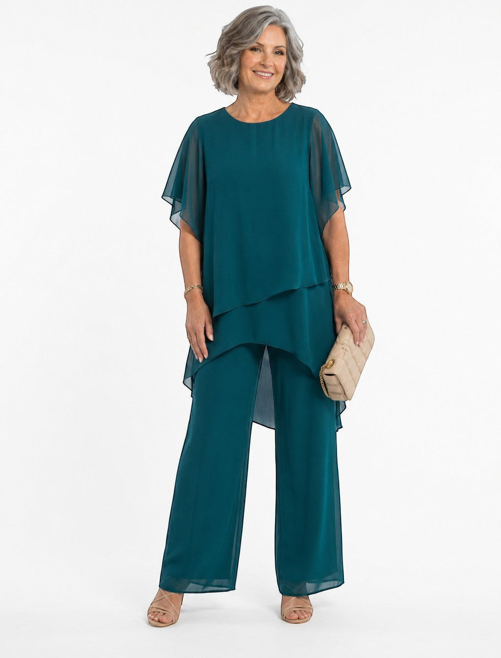 ZOFIA ATELIER MARINA chiffon suit set in teal with quarter sleeves and wide-leg trousers.