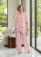 ZOFIA ATELIER MARINA pink chiffon suit set with quarter sleeves and wide-leg trousers.