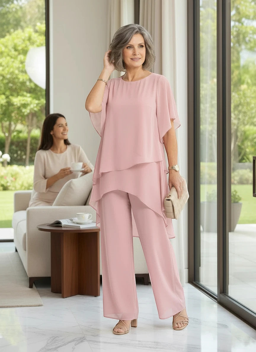 ZOFIA ATELIER MARINA chiffon suit set in rose red with quarter sleeves and wide-leg trousers.