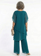 ZOFIA ATELIER MARINA teal chiffon suit set with quarter sleeves and wide-leg trousers.
