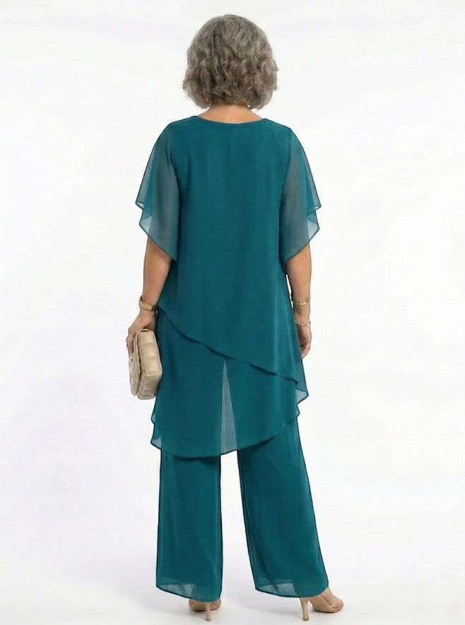 ZOFIA ATELIER MARINA teal chiffon suit set with quarter sleeves and wide-leg trousers.