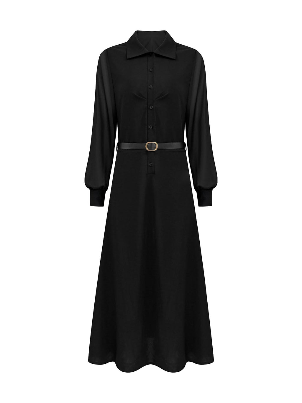 ZOFIA ATELIER MARISOL black maxi shirt dress with collared neckline, button front, and sheer puff sleeves. Includes a matching belt.