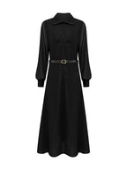 ZOFIA ATELIER MARISOL black maxi shirt dress with collared neckline, button front, and sheer puff sleeves. Includes a matching belt.