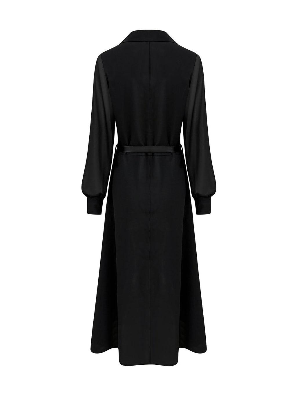 ZOFIA ATELIER Marisol black maxi shirt dress with collared neckline, button front, and sheer puff sleeves, includes belt.