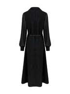 ZOFIA ATELIER Marisol black maxi shirt dress with collared neckline, button front, and sheer puff sleeves, includes belt.