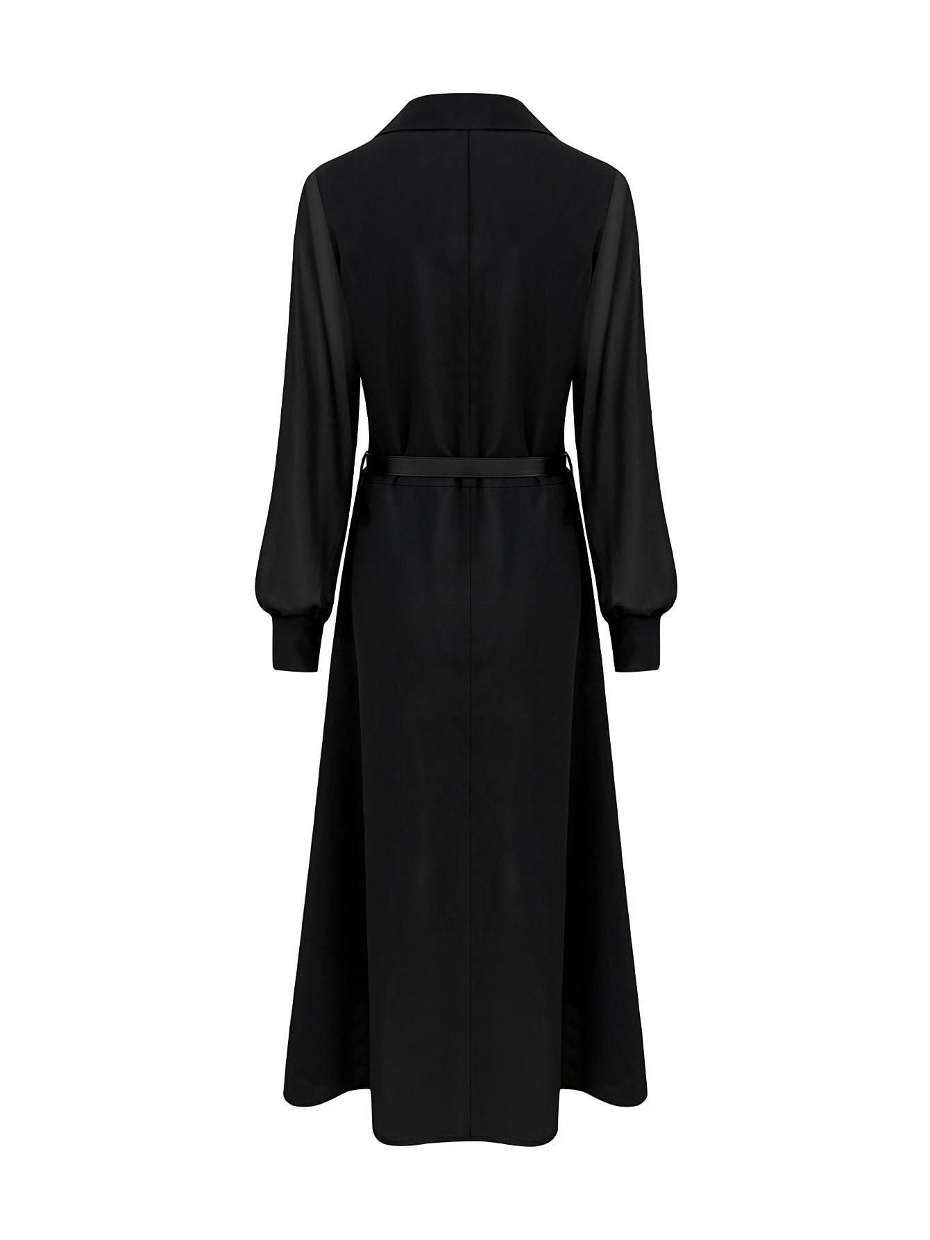 ZOFIA ATELIER Marisol black maxi shirt dress with collared neckline, button front, and sheer puff sleeves, includes belt.