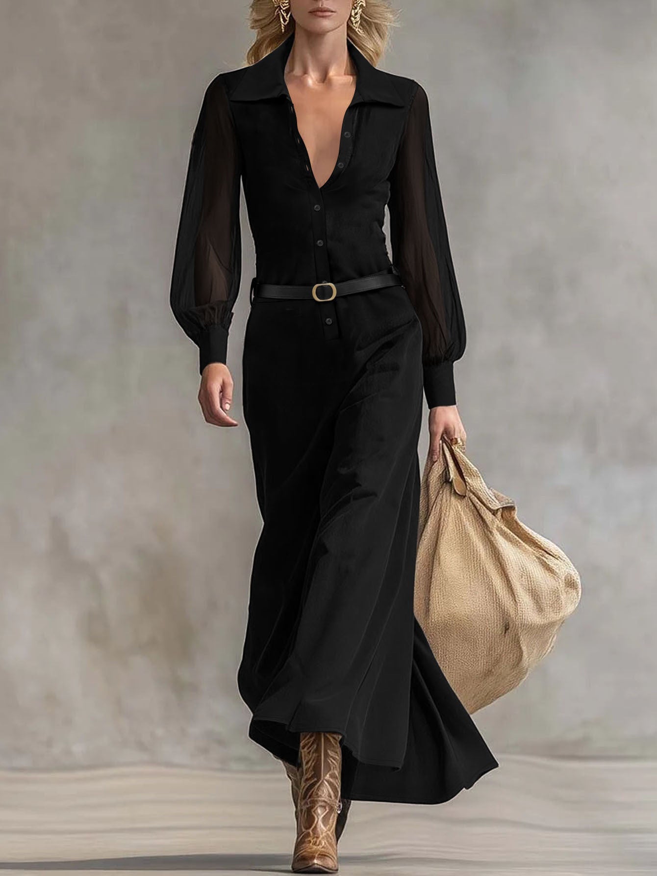 ZOFIA ATELIER Marisol black maxi shirt dress with sheer puff sleeves, collared neckline, button front, and belt.