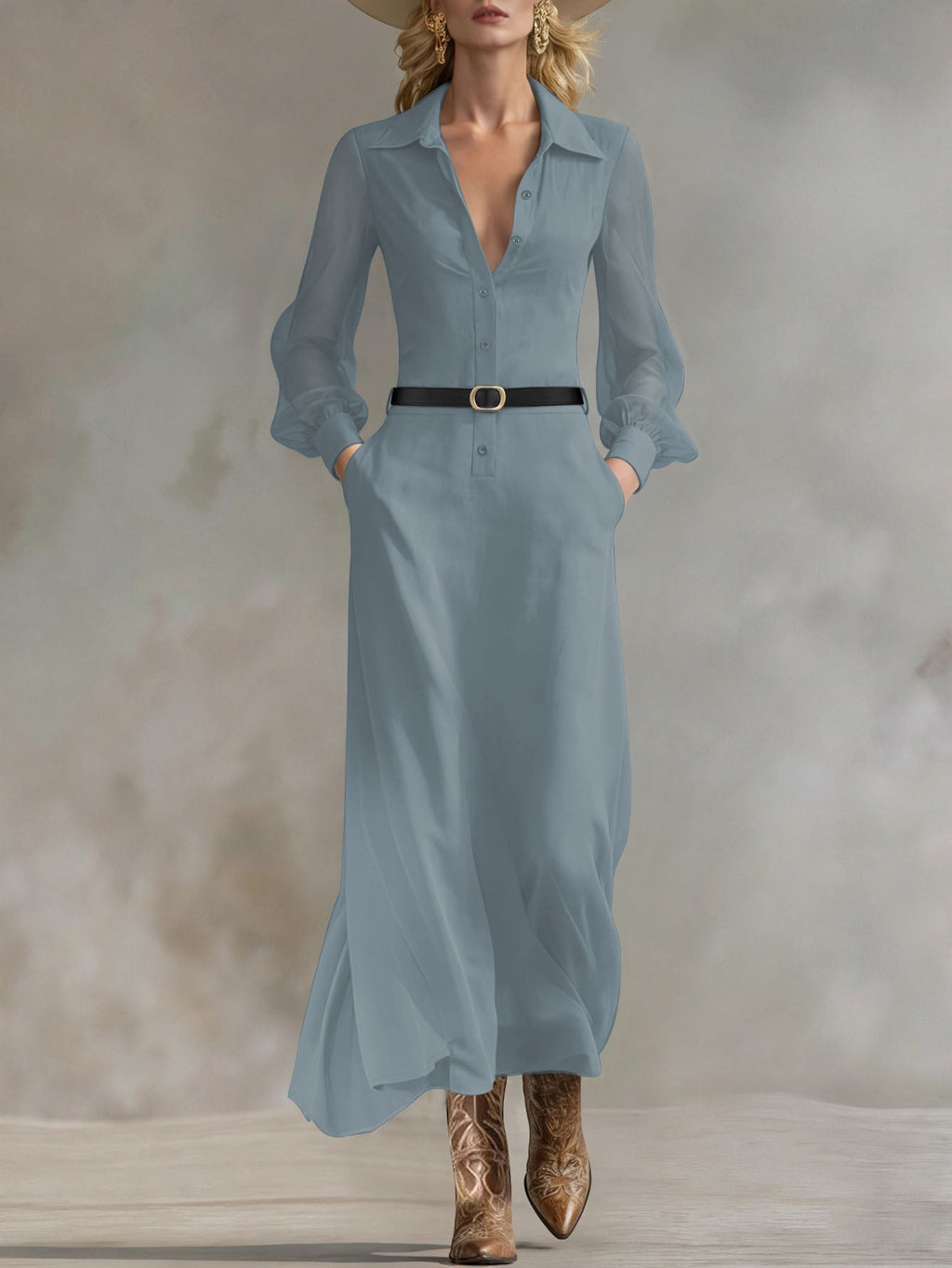 ZOFIA ATELIER Marisol light blue sheer puff sleeve maxi shirt dress with collared neckline and button front.