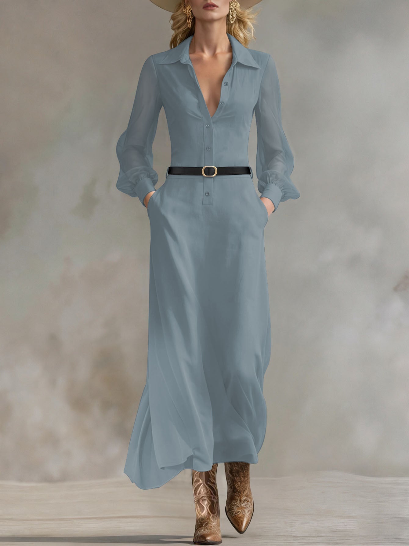 ZOFIA ATELIER Marisol light blue sheer puff sleeve maxi shirt dress with collared neckline and button front.