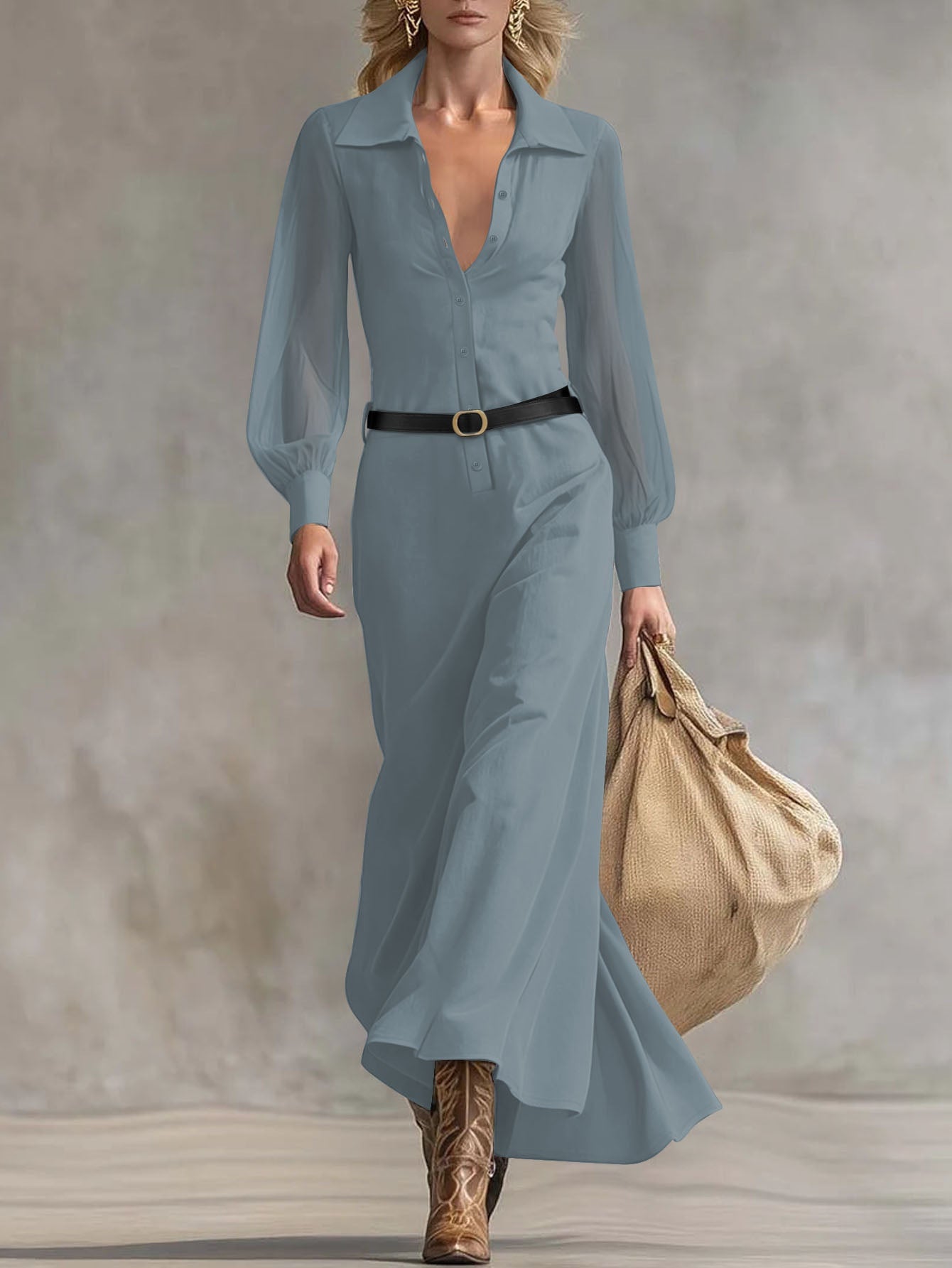 ZOFIA ATELIER Marisol sheer puff sleeve maxi shirt dress in blue with collared neckline and button front.