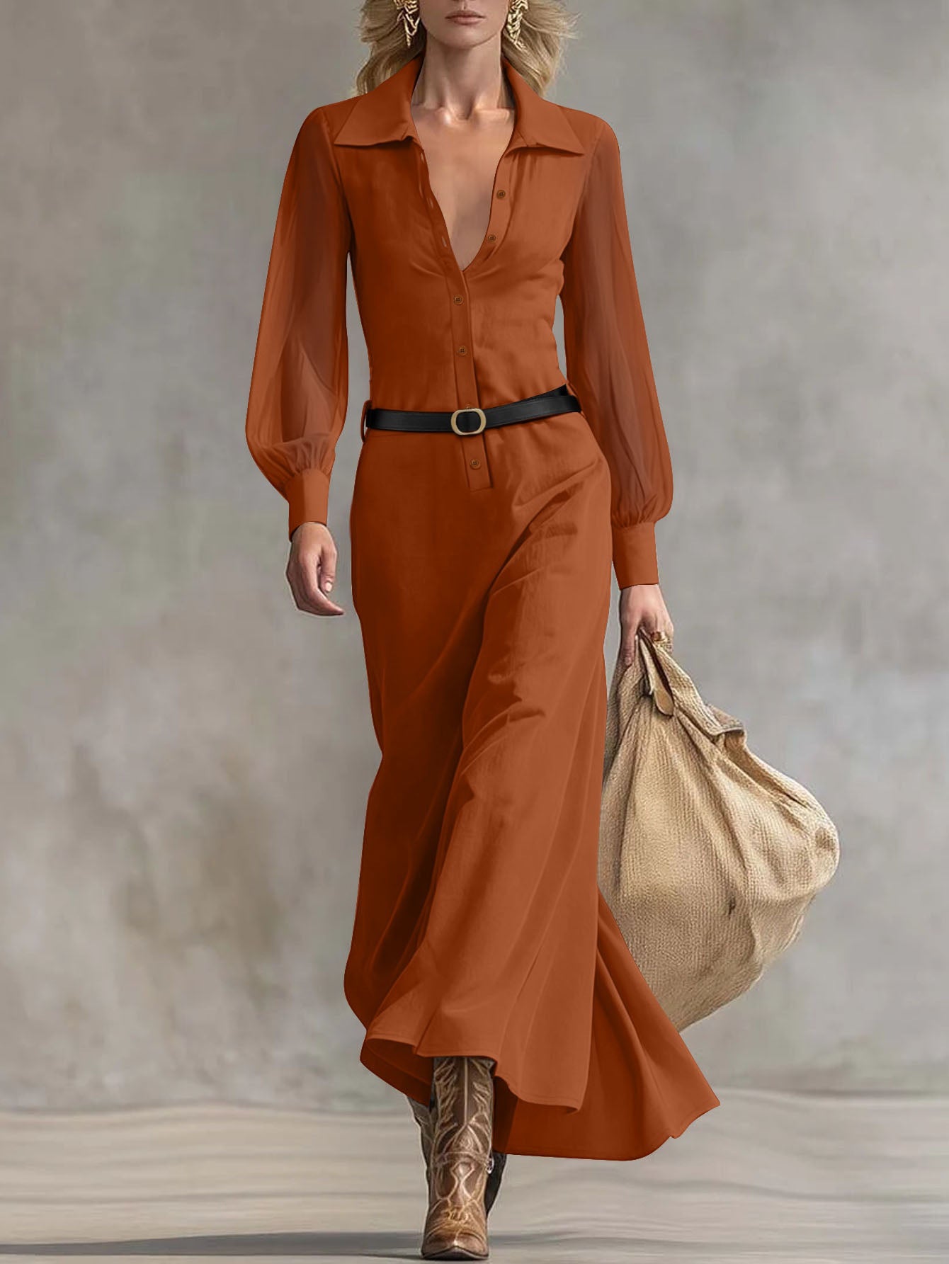 ZOFIA ATELIER Marisol burnt orange maxi shirt dress with sheer puff sleeves, collared neckline, button front, and black belt.