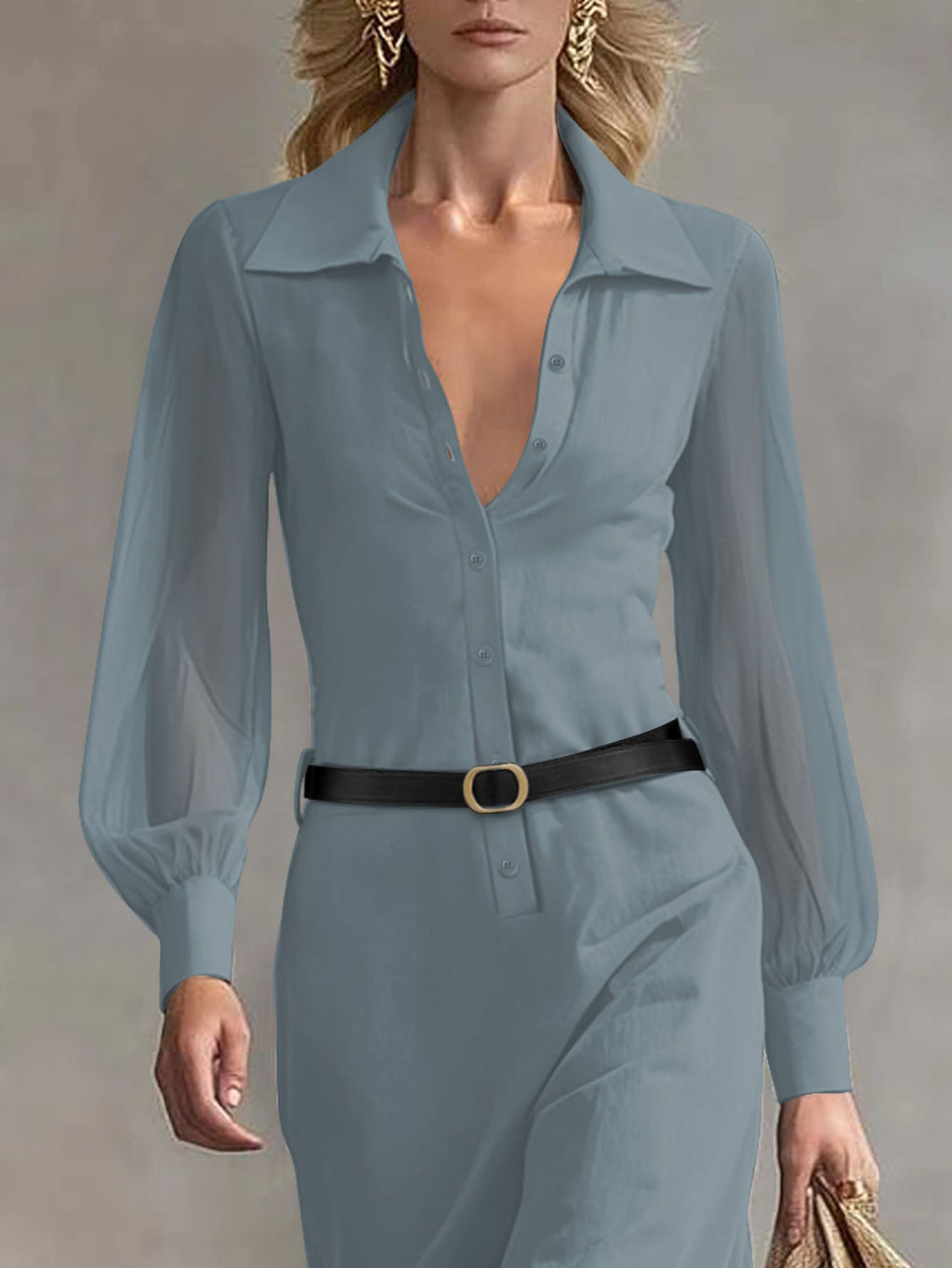 ZOFIA ATELIER Marisol sheer puff sleeve maxi shirt dress in dusty blue with collared neckline and button front.
