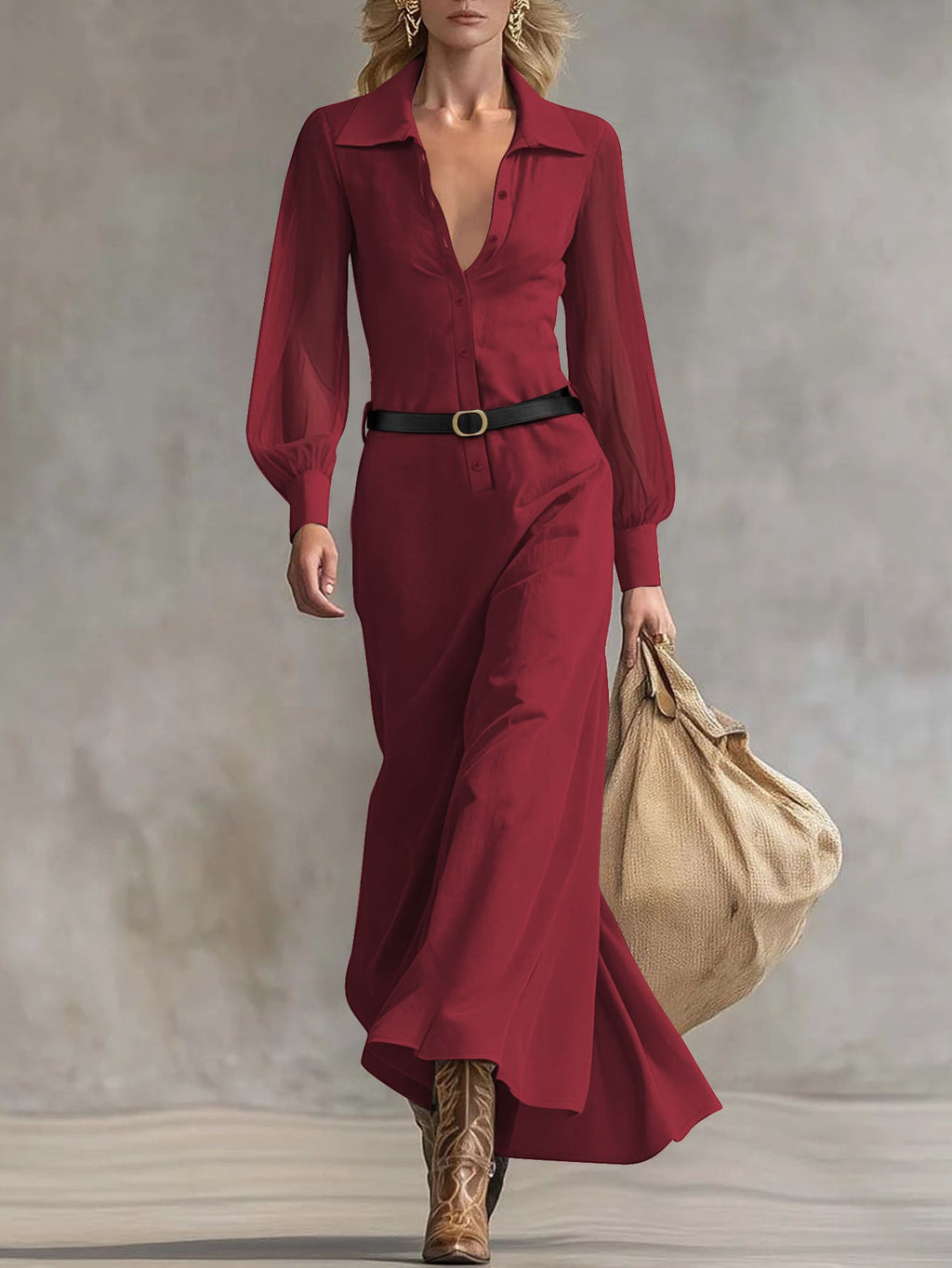 ZOFIA ATELIER Marisol sheer puff sleeve maxi shirt dress in deep red, collared, button front, belted.