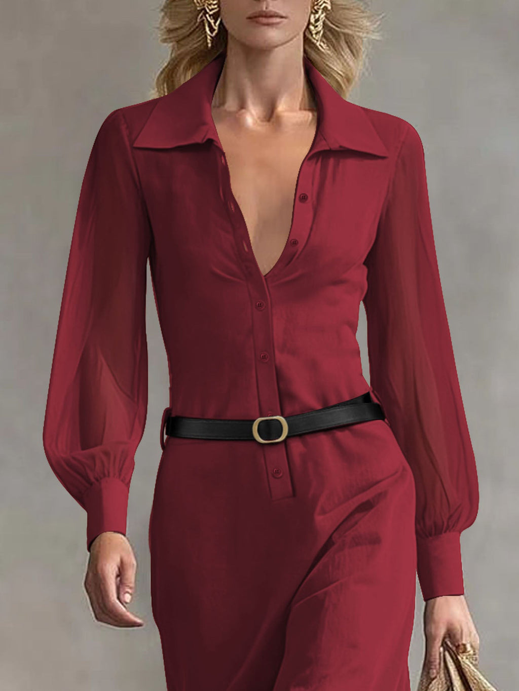 ZOFIA ATELIER Marisol sheer puff sleeve maxi shirt dress in deep red with collared neckline and button front closure.