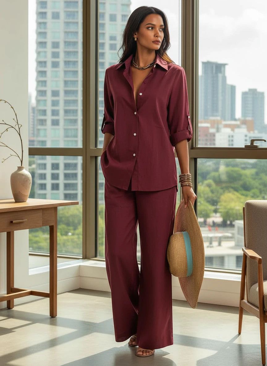 ZOFIA ATELIER maroon cotton resort set with full-length pants and regular sleeves, worn by a model.
