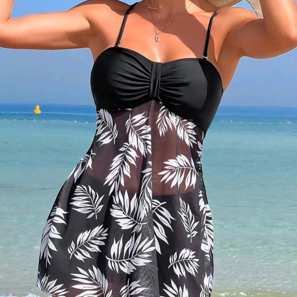 ZOFIA ATELIER Marta mesh waist swim set with black ruched bust and black & white leaf print skirt. Beachwear.