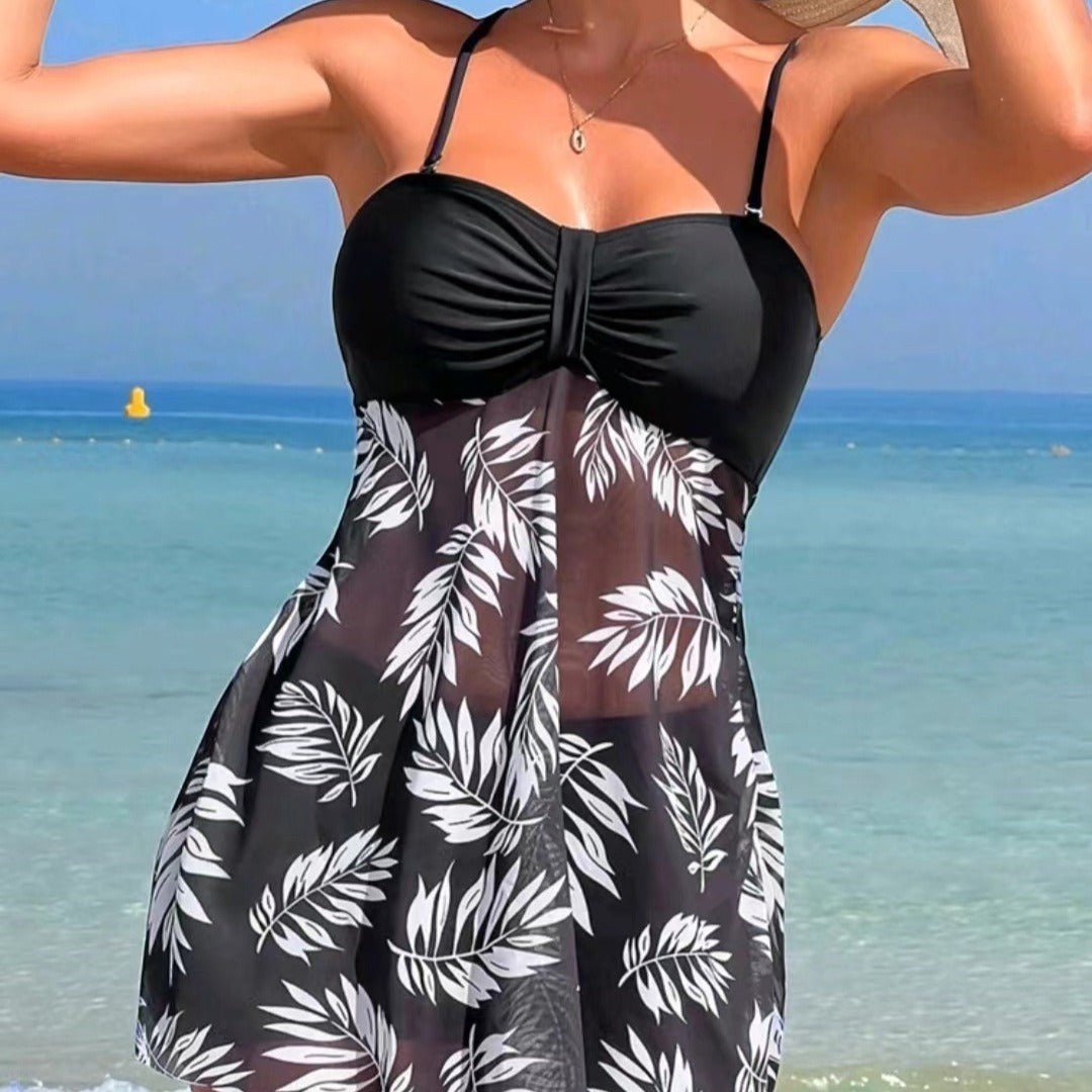 ZOFIA ATELIER Marta mesh waist swim set with black ruched bust and black & white leaf print skirt. Beachwear.